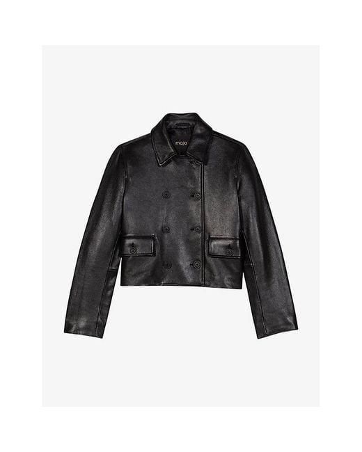 Maje Black Double-Breasted Side-Pocket Leather Jacket
