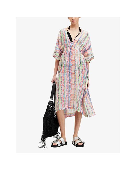 AllSaints Pink Rainbowlina Melissa Rainbow-print Organic-cotton Midi Dress