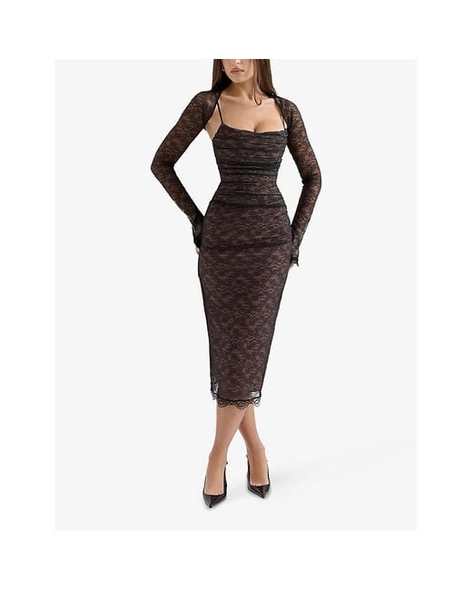House Of Cb Brown Gaia Corset Stretch-Lace Midi Dress