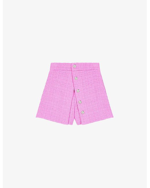 Maje Pink Button-embellished High-rise Pleated Tweed Shorts