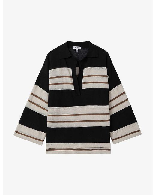 Reiss Black Chloe Open-collar Striped Cotton And Linen-blend Top