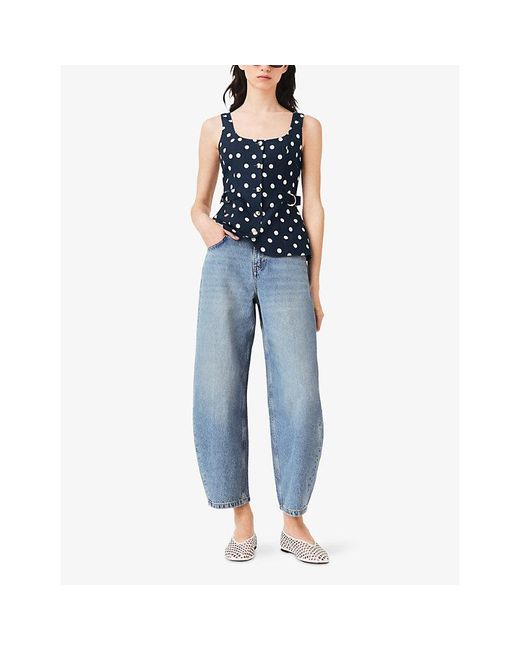 Maje Blue Polka Dot-Pattern Button-Embellished Linen-Blend Top