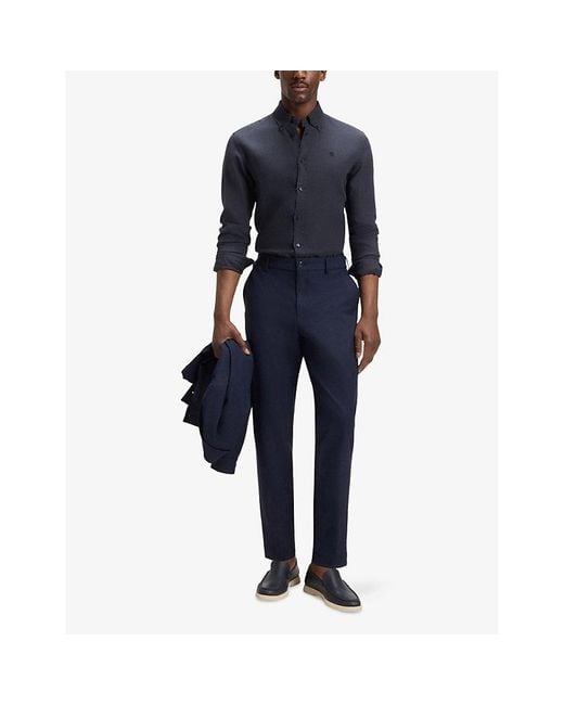 Boss Blue Logo-Embroidered Slim-Fit Linen Shirt for men