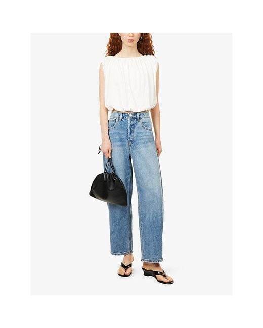 GOOD AMERICAN Blue Cropped Barrel-Leg Denim Jeans