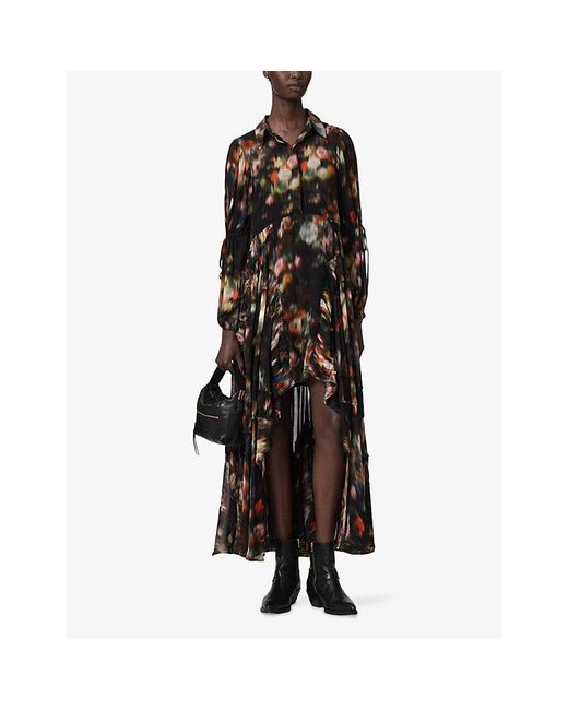 AllSaints Black Maria Floral-Print Woven Midi Dress