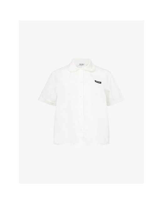 Miu Miu White Logo-Patch Short-Sleeve Cotton Poplin Shirt