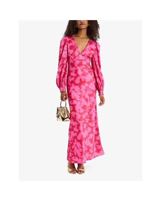 OMNES Pink Francoise Long-Sleeve Floral-Print Satin Maxi Dress