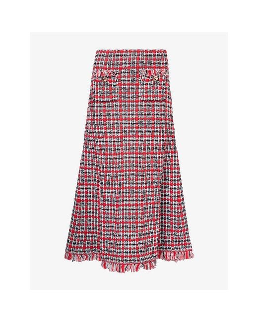 Self-Portrait Red Frayed-Hem Checked Cotton-Knit Midi Skirt