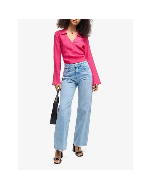 HUGO Pink Wrap-Over Long-Sleeve Woven Top