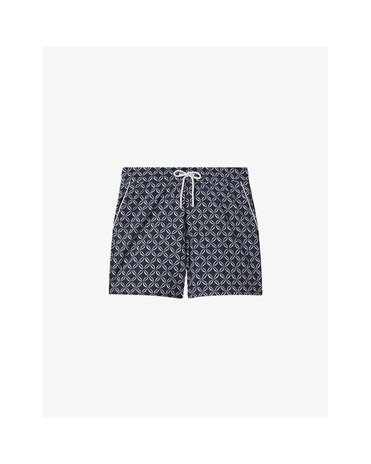 Reiss Blue Vy/white Fraser Geometric-print Drawstring-waist Stretch Recycled-polyester Swim Shorts for men