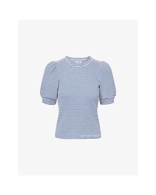 ME+EM Blue Puff-Sleeve Striped Cotton Top
