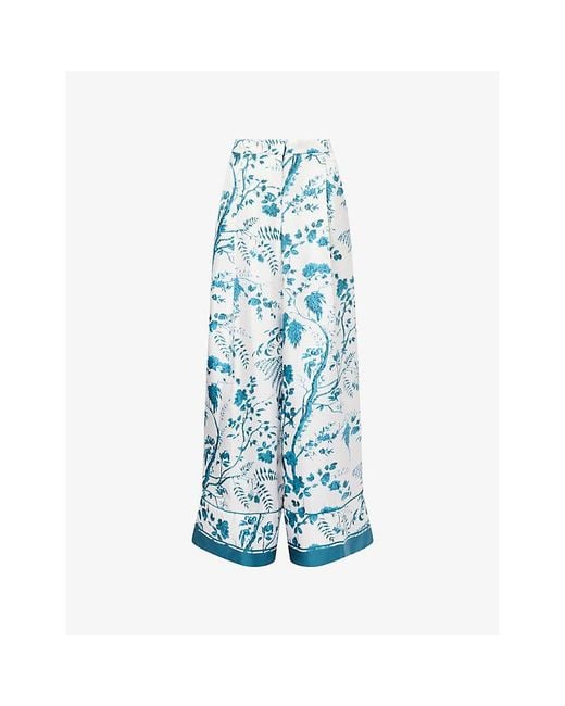 Erdem Blue Botanical-Print Wide-Leg Silk-Twill Pyjama Trousers