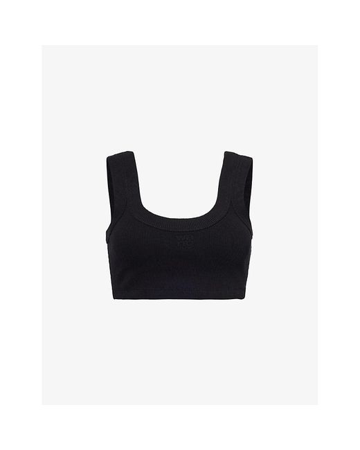 Alexander Wang Black Brand-embossed Cropped Stretch-cotton Top