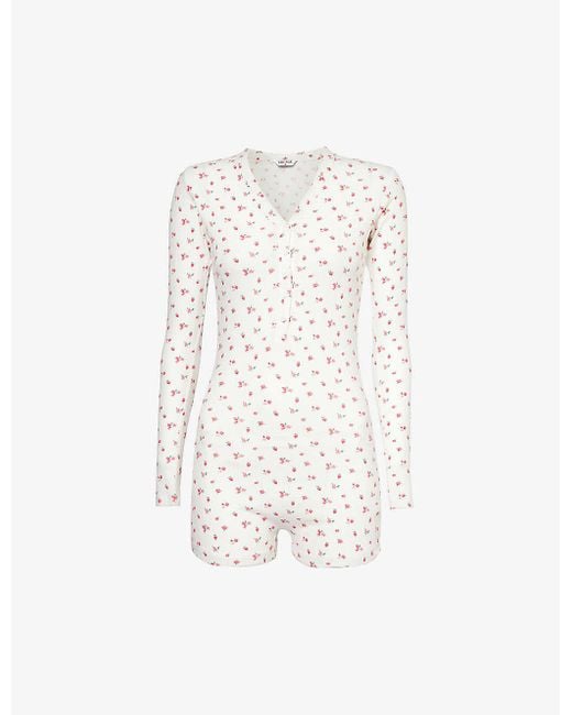 Lounge Underwear White Floral-pattern V-neck Stretch-cotton Romper