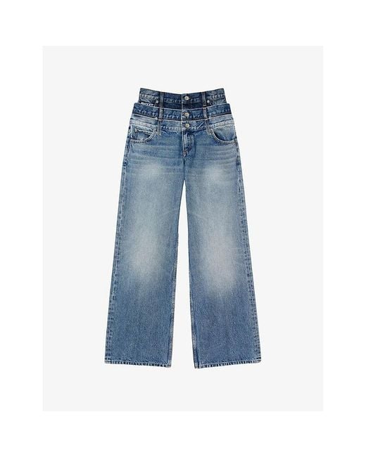 Sandro Blue Triple-Waisted Organic-Cotton Straight-Leg Jeans