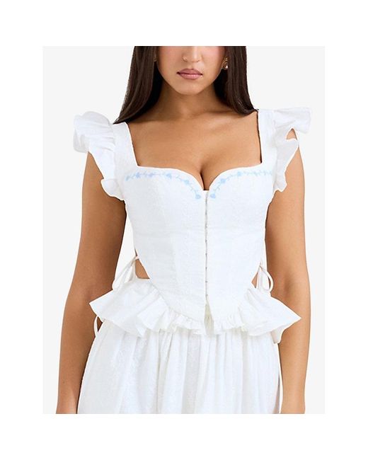 House Of Cb White Lilibet Floral-Embroidered Peplum Cotton Corset Top