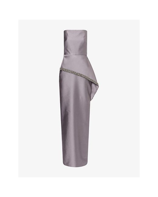 Roland Mouret Gray Square-Neck Jewel-Embellished Satin Gown
