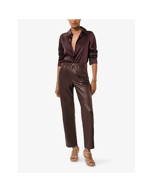 Reiss Brown Verona Slim-Leg High-Rise Leather Trousers