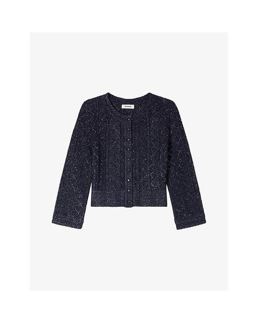 Sandro Blue Cropped Strass-Knit Cardigan