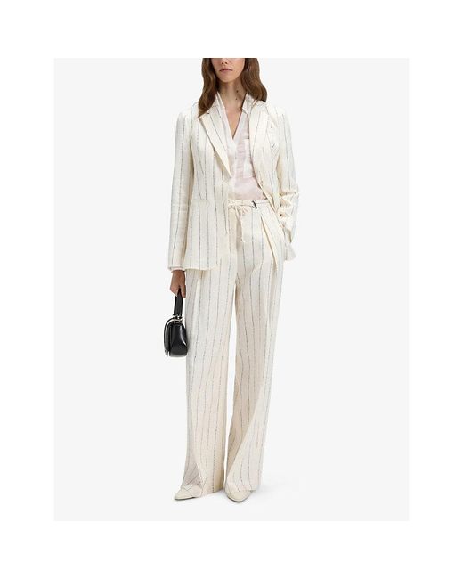 Boss White Pinstriped Wide-Leg High-Rise Stretch Linen-Blend Trousers