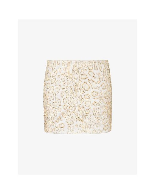 GRACE FAENA Natural Leopard Bead-Embellished Cotton Mini Skirt