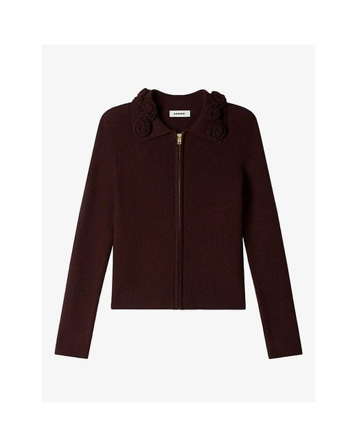 Sandro Purple Floral-Trim Zipped Wool-Blend Cardigan