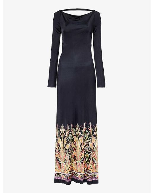 Etro Blue Graphic-print Long-sleeve Stretch-woven Maxi Dress