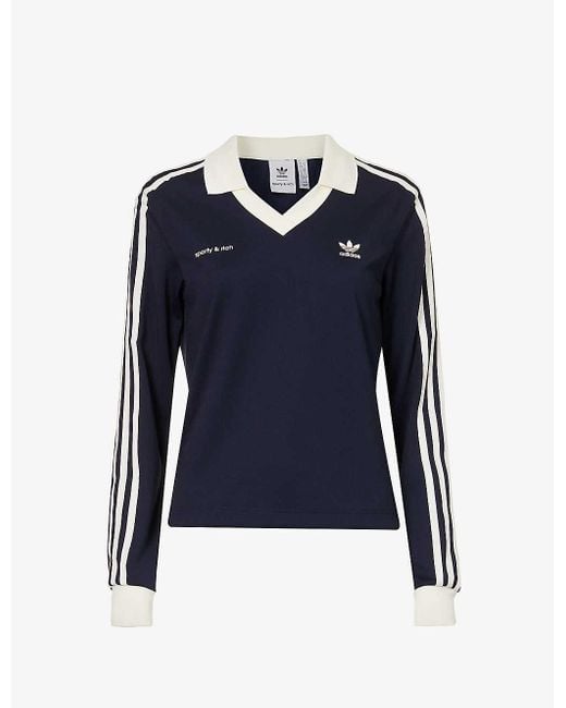 Sporty & Rich Blue X Adidas Logo-print Long-sleeved Recycled-polyester Polo Shirt