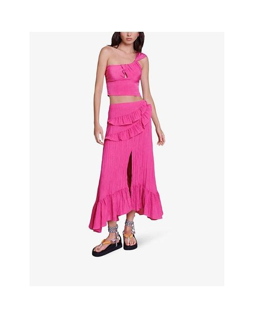 Maje Pink Ruffled Crinkle Embossed-satin Maxi Skirt