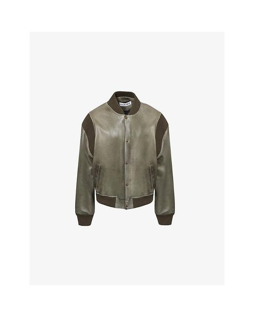 Loewe Green De-Bossed Logo Ribbed-Trims Leather Bomber Jacket for men