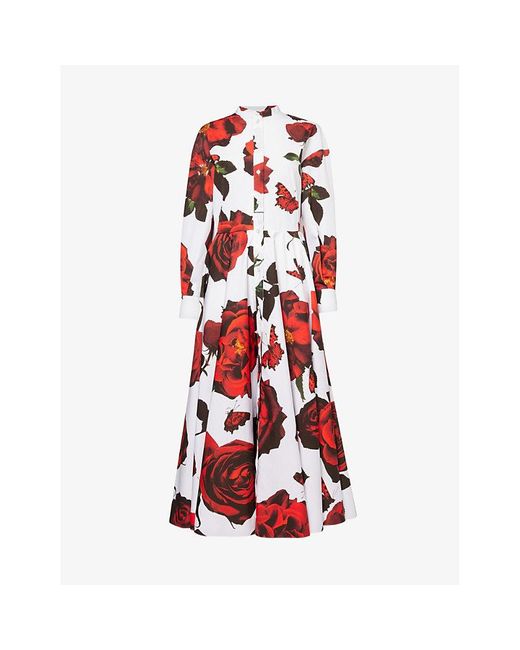 Alexander McQueen Red Floral-pattern Cotton-poplin Midi Dress