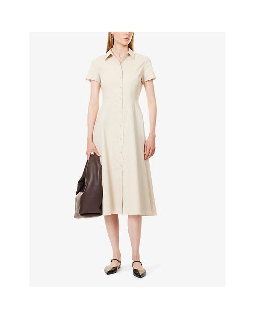 Theory White Flared-hem Short-sleeved Linen-blend Midi Dress