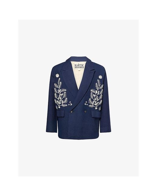 Kartik Research Blue Floral Motif Embroidered Double-Breasted Wool Blazer for men
