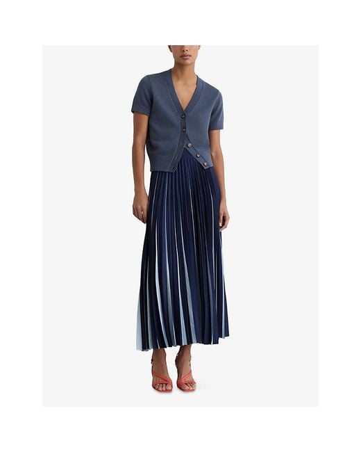 Reiss Blue V-Neck Short-Sleeve Cotton And Wool-Blend Cardigan