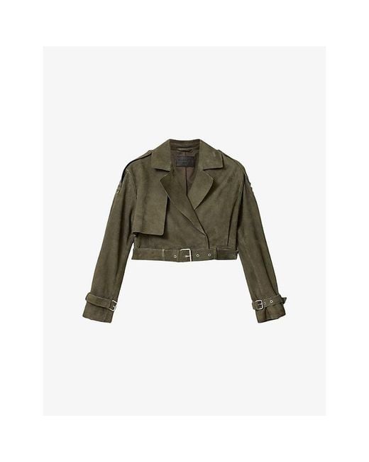 AllSaints Green Ophelia Dropped-Shoulder Belted-Waist Suede Jacket