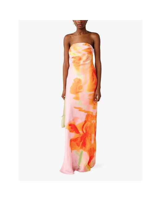 OMNES Orange Amdra Glitched Floral Placement Strapless Satin Maxi Dress