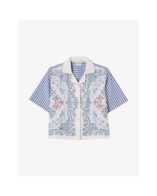 Claudie Pierlot Blue Striped Graphic-Print Cotton Shirt