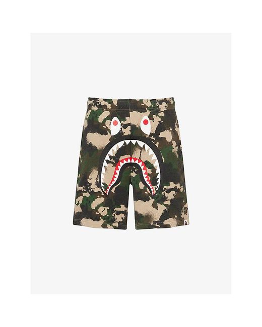 A Bathing Ape Green Shark-Graphic Camo Cotton-Jersey Sweat Shorts for men