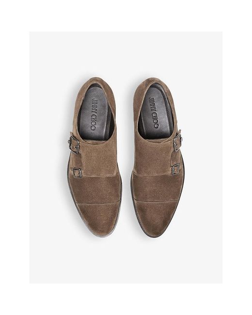 Jimmy Choo Brown Finnion Double-strap Suede Monk Shoes for men