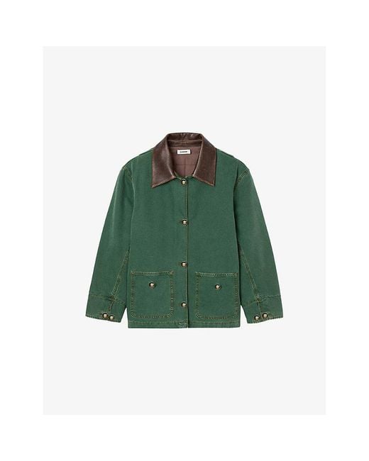 Sandro Green Contrast-Collar Button-Down Cotton Jacket