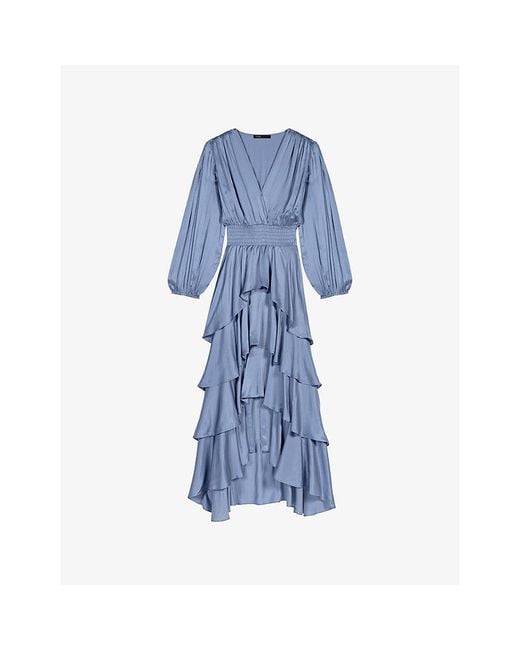 Maje Blue V-Neck Ruffled Woven Maxi Dress
