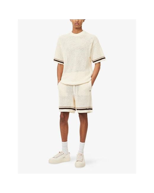 The Couture Club Natural Striped-Cuff Crewneck Cotton-Crochet T-Shirt for men