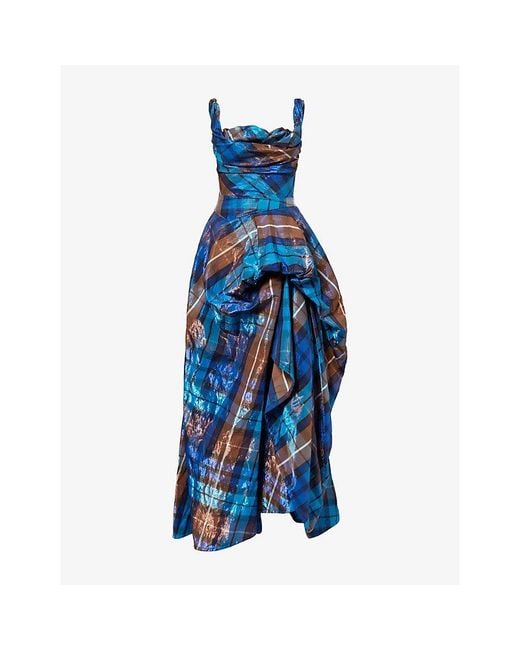 Vivienne Westwood Blue Chichi Check-Pattern Tulle Maxi Dress