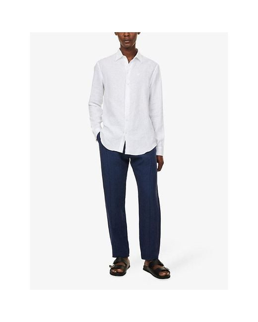 Emporio Armani White Long-Sleeve Classic-Collar Linen Shirt for men