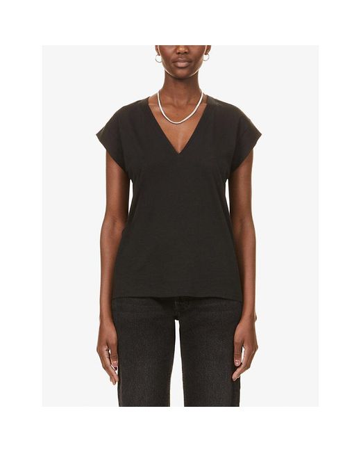 FRAME Black Le Mid Rise V-Neck Cotton T-Shirt