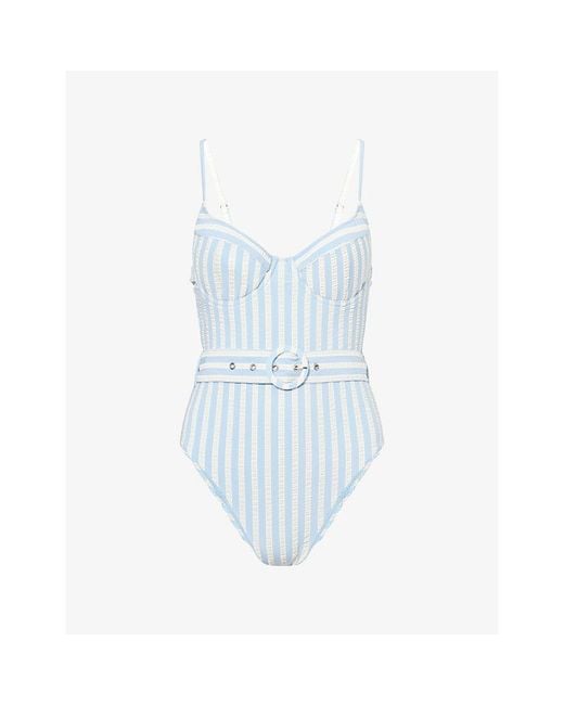 Jonathan Simkhai Blue Noa Belted Stripe Swimsuit