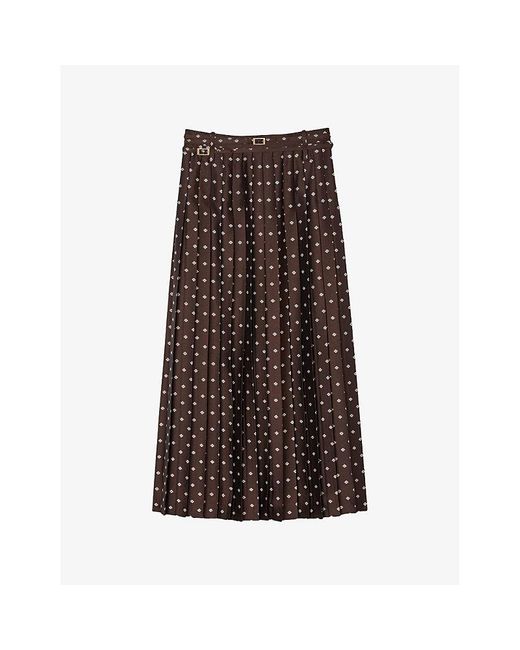 Sandro Brown Scarf-Print Belted-Waist Woven Maxi Skirt