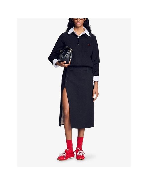 Sandro Black Mid-Rise Split-Hem Wool Midi Skirt