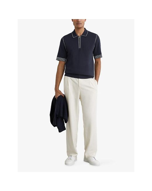 Reiss Blue Mason Half-Zip Short-Sleeve Stretch-Knit Polo for men