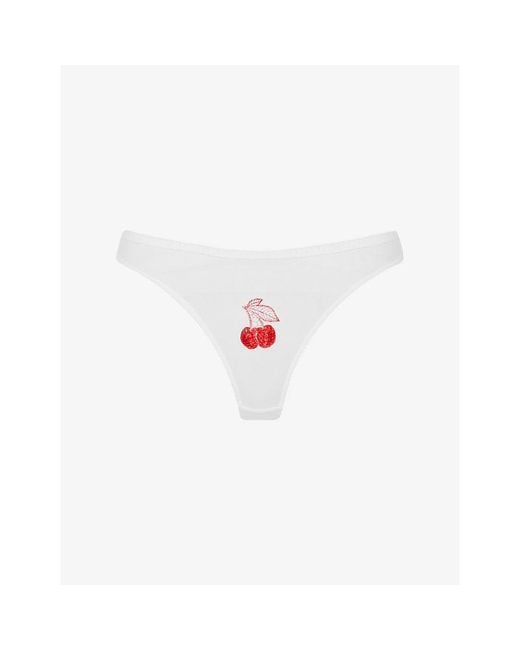 Agent Provocateur White Perri Cherry-Embroidered Sheer-Tulle Thong